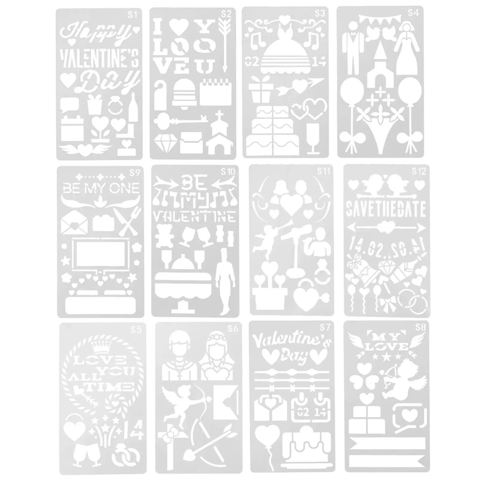 12Pcs Painting Templates Day Hollow Drawing Stencils Craft Projects Love Theme Festival Decor Paper