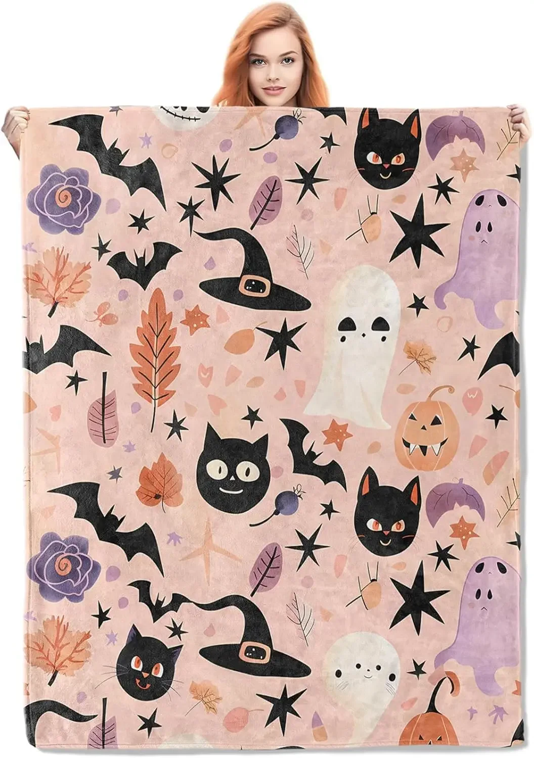 1pc Enchanted Autumn Leaves Fleece Blanket Gifts, Elegant Red and Black Bat Design, Cozy Throw  Halloween Decor