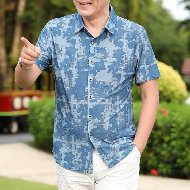 Summer Clothes Vintage Shirt Men Short Sleeve Ice Silk Turn-down Collar Blouse Loose Large Printing Button Fashion Elegant Tops