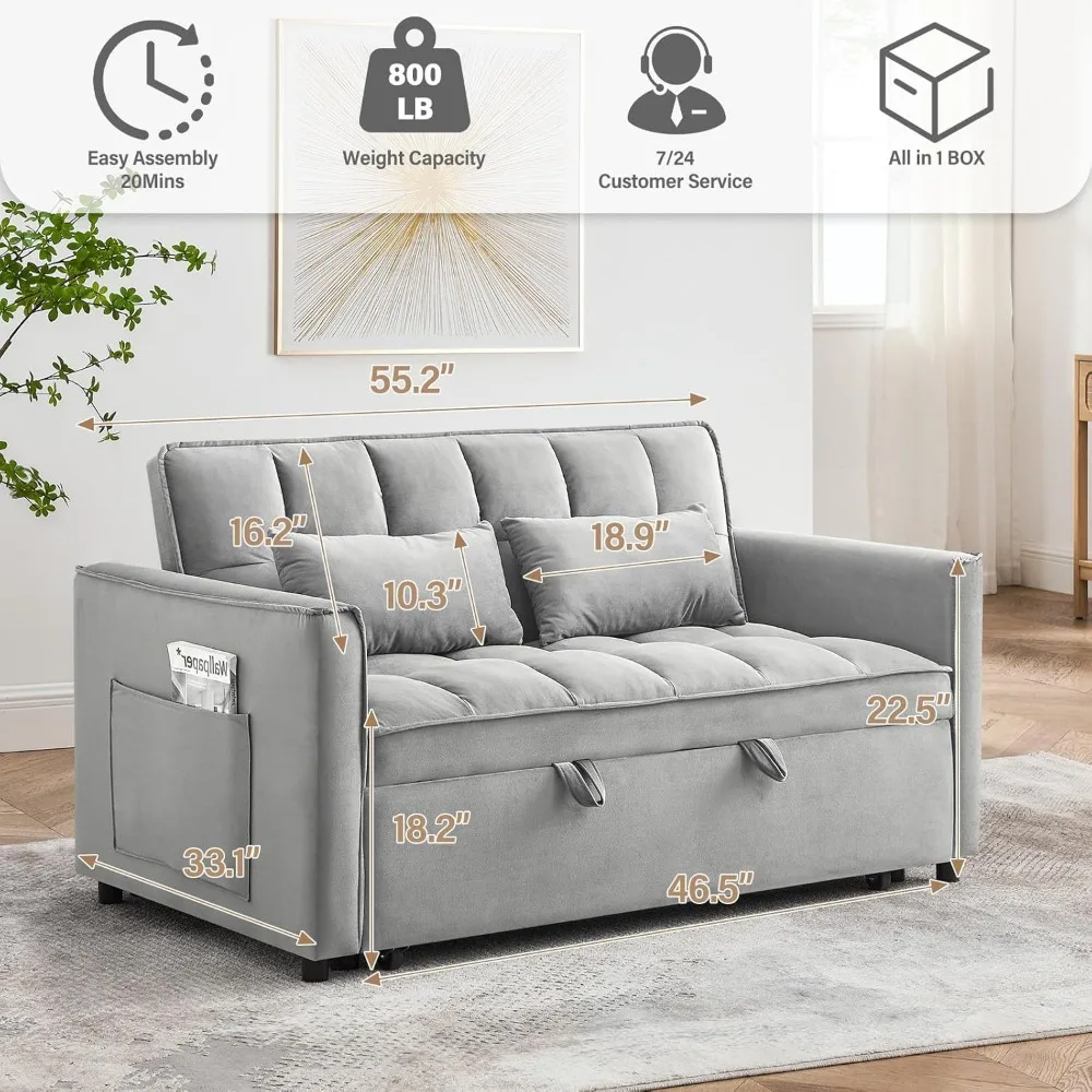 3 in 1 Sleeper Sofa Bed,Velvet Convertible Sofa Bed Pull-Out Bed Couch With Side Pockets,55'' Loveseat Sleeper Sofa with Adjusta