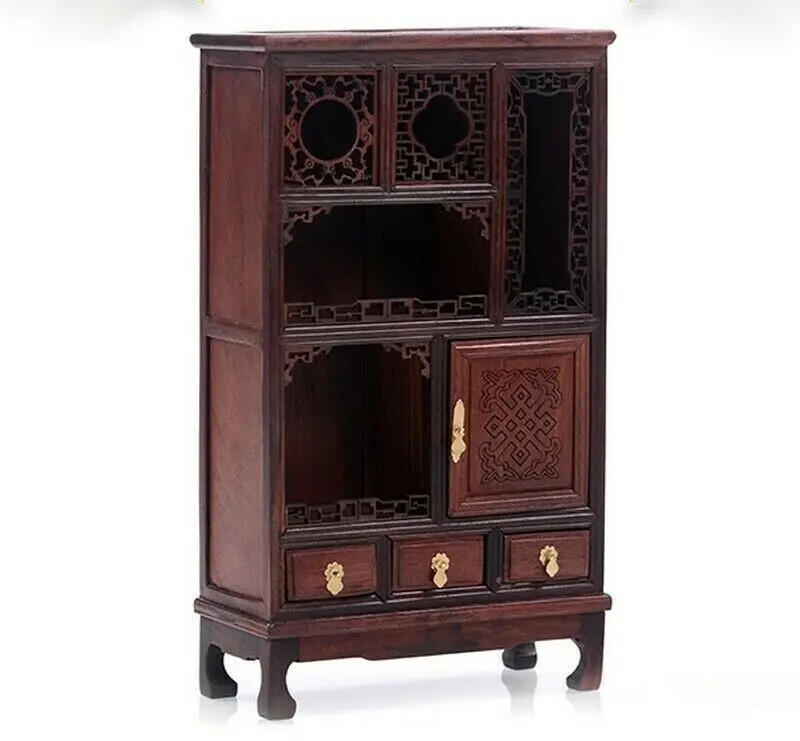 

9.8" Rosewood Carved Chinese Miniature Display Cabinet Altar Model Decor