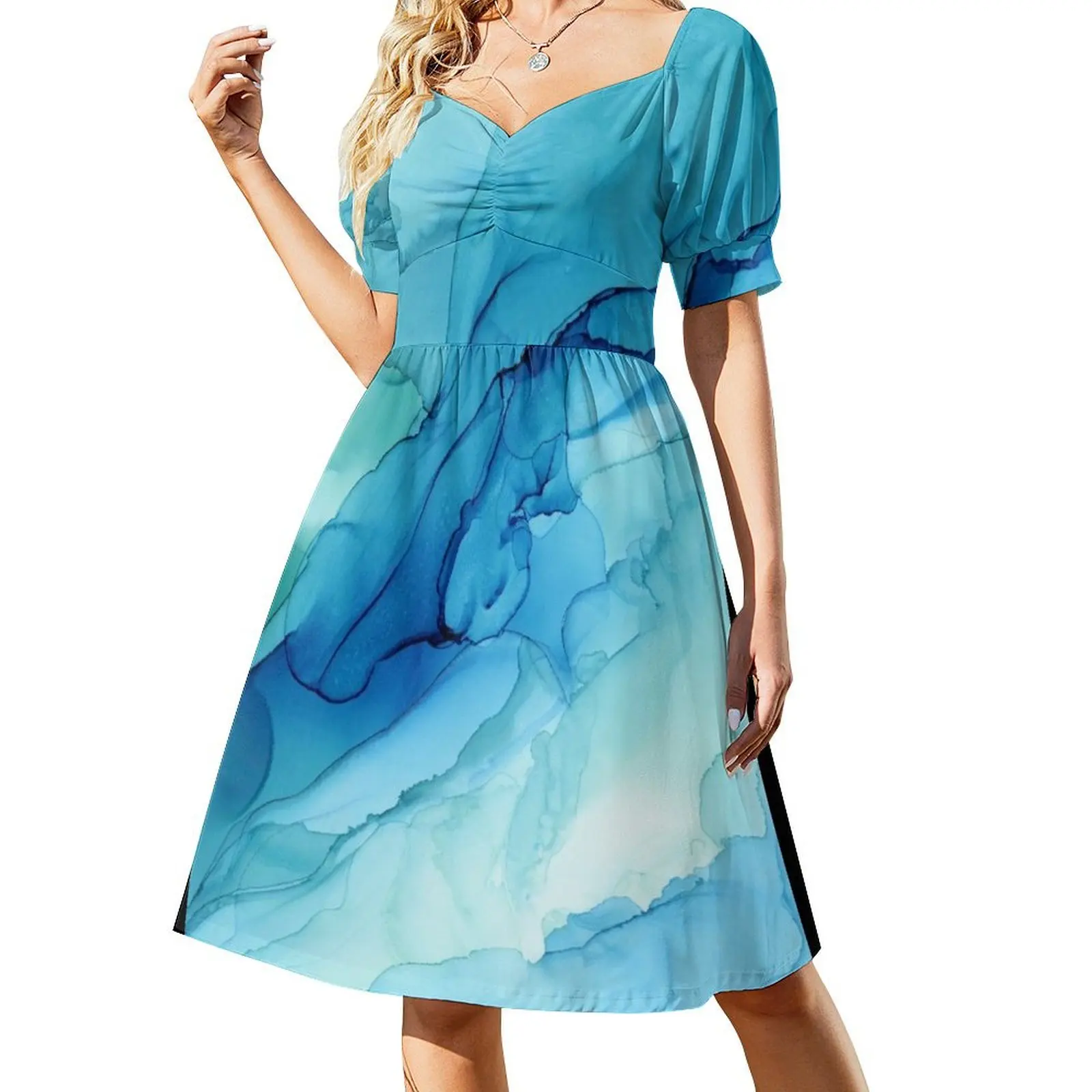 

Blue Emerald Water Ombre Abstract Ink Short Sleeved Dress women's evening dresses 2025 Dress for pregnant women Dress