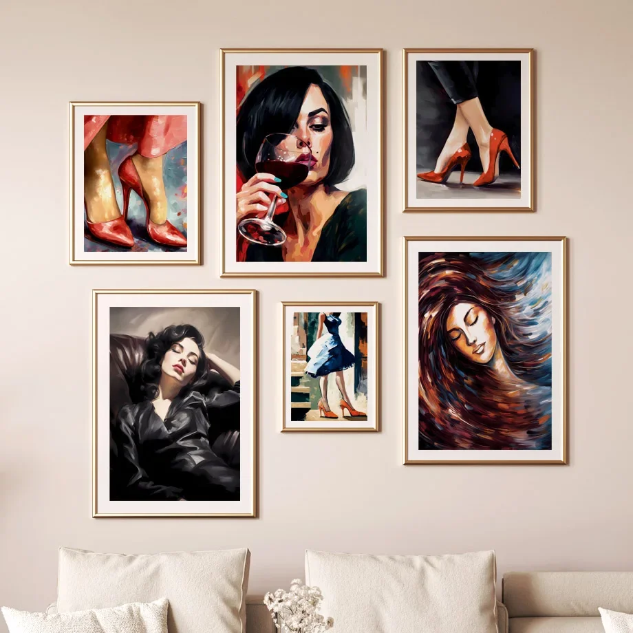 Red Heels Woman Wine Oil Painting Modern Abstract Canvas Posters Prints Wall Art Pictures Gallery luxury Living Room Home Decor