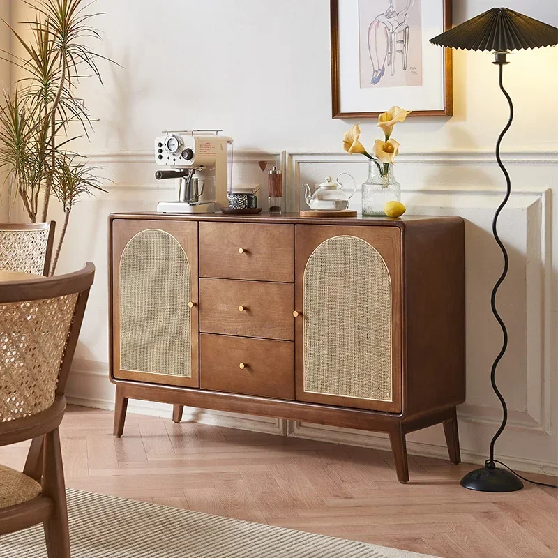 Japanese rattan solid wood dining side cabinet household living room double door locker with drawers