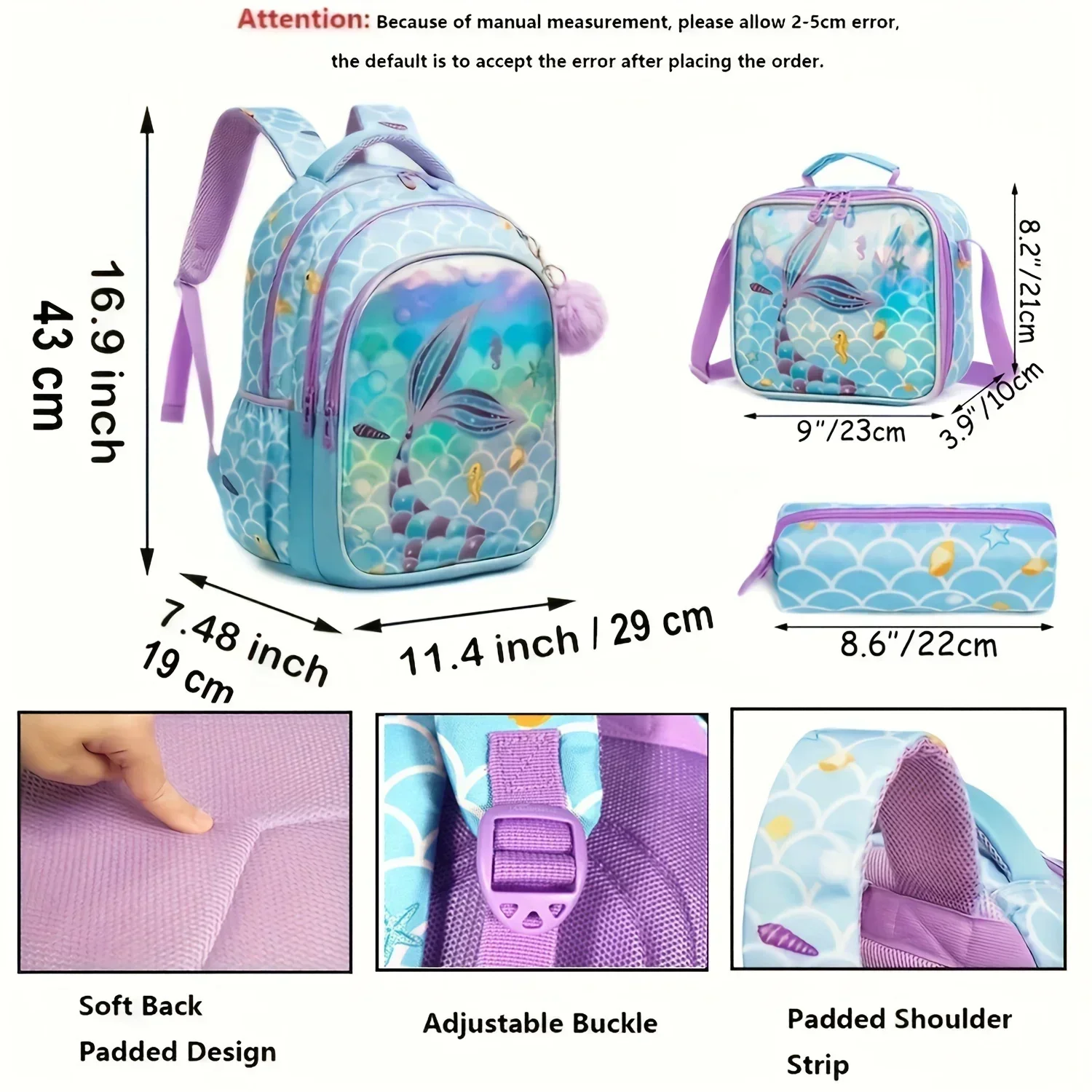 Rugzak School Kids Meisjes Set met Lunch Etui Waterdichte Schooltassen voor Meisjes Zeemeermin Rugzak Kind Meisje Boekentas