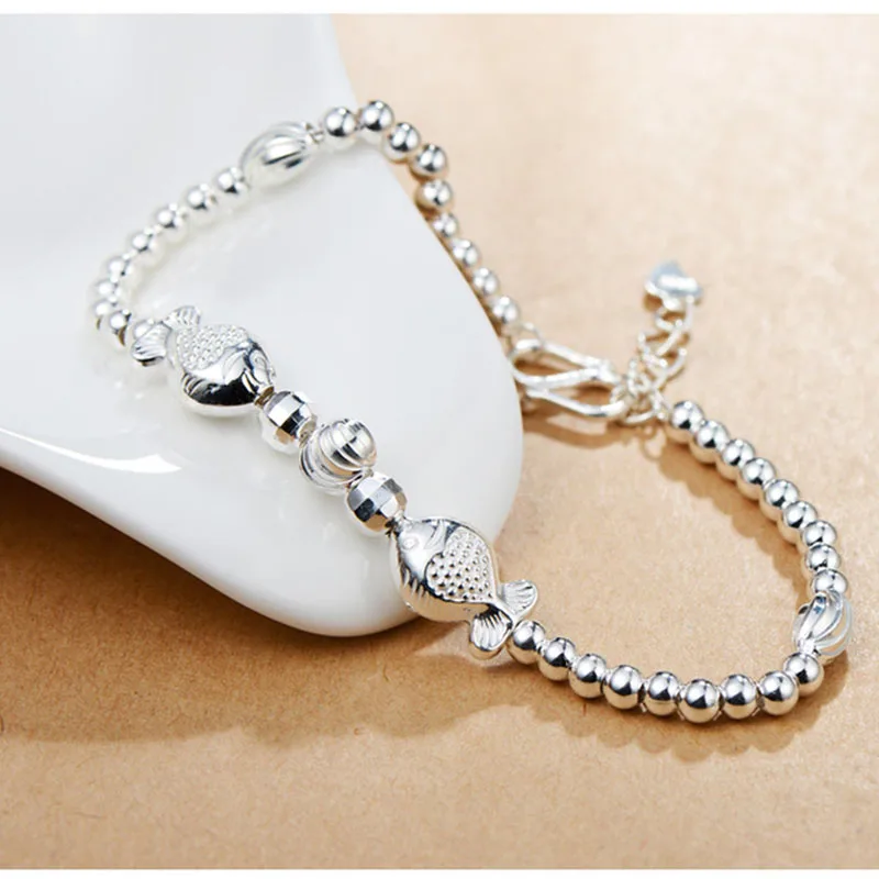 S990 Pure Silver Bracelet For Women Kiss Fish Beaded Bracelet 16+2.5cm Adjustable Gift