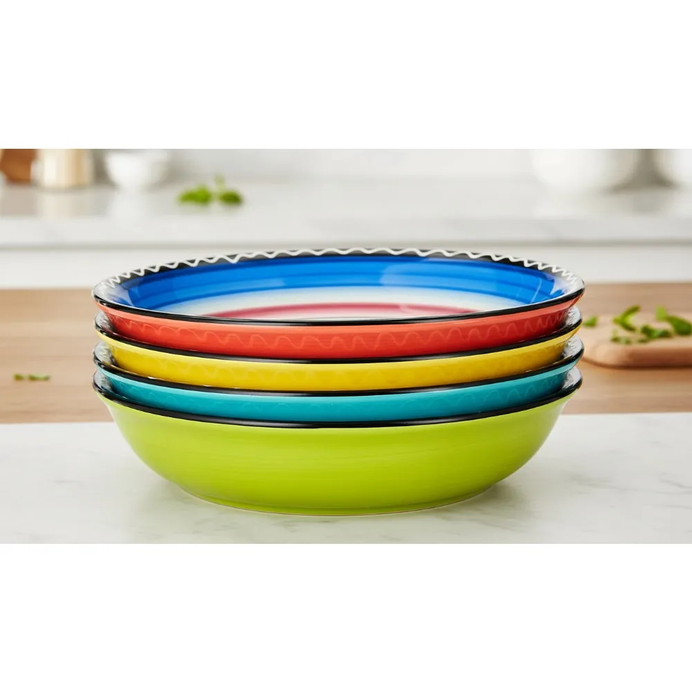 

9.25-Inch Colorful Ceramic Bowls Set of 4, 38oz Large Microwave Safe Pasta Soup Bowls for Family Dining & Entertaining