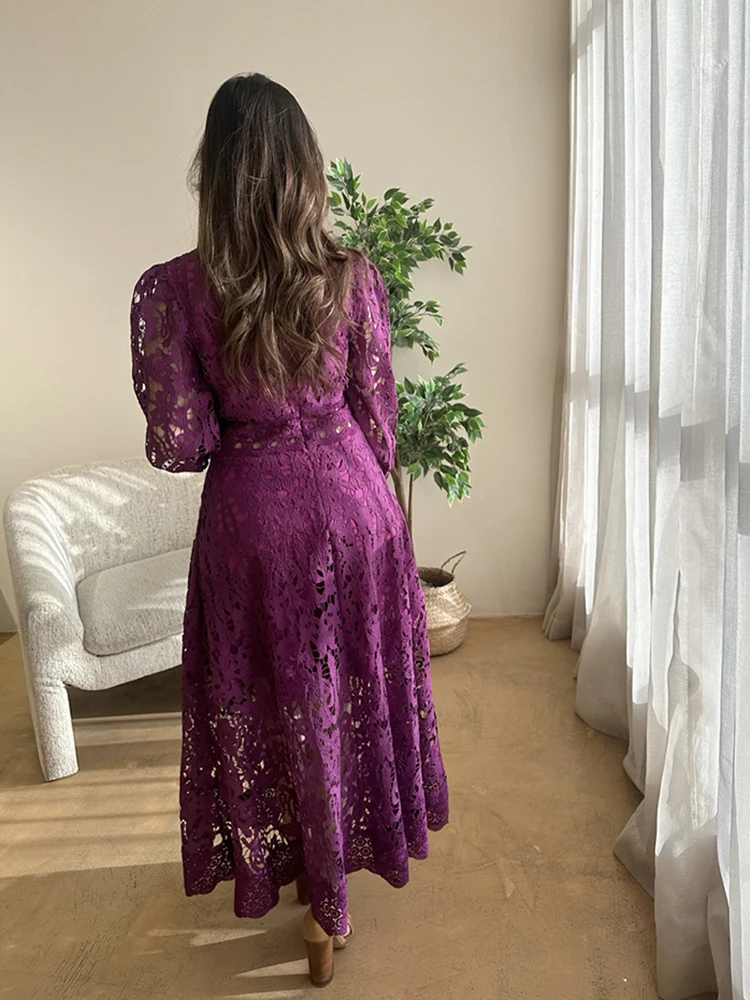 VGH Purple Hollow Out Elegant Dress For Women Round Neck Lantern Sleeve High Waist Embroidery Dresses Female Fashion New 2024