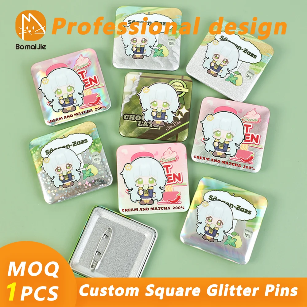 Custom Square Glitter Button Pins Custom Holographic Button Pins Photo Text and Graphic Personalized Tinplate Pins Gifts for Kid