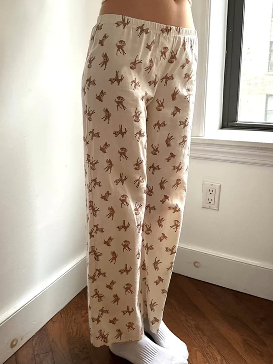 New Little Deers Print Straight Long Pant Woman Elastic High Waist Cotton Casual Trousers Fashion Graphic Sweet Cute Pants