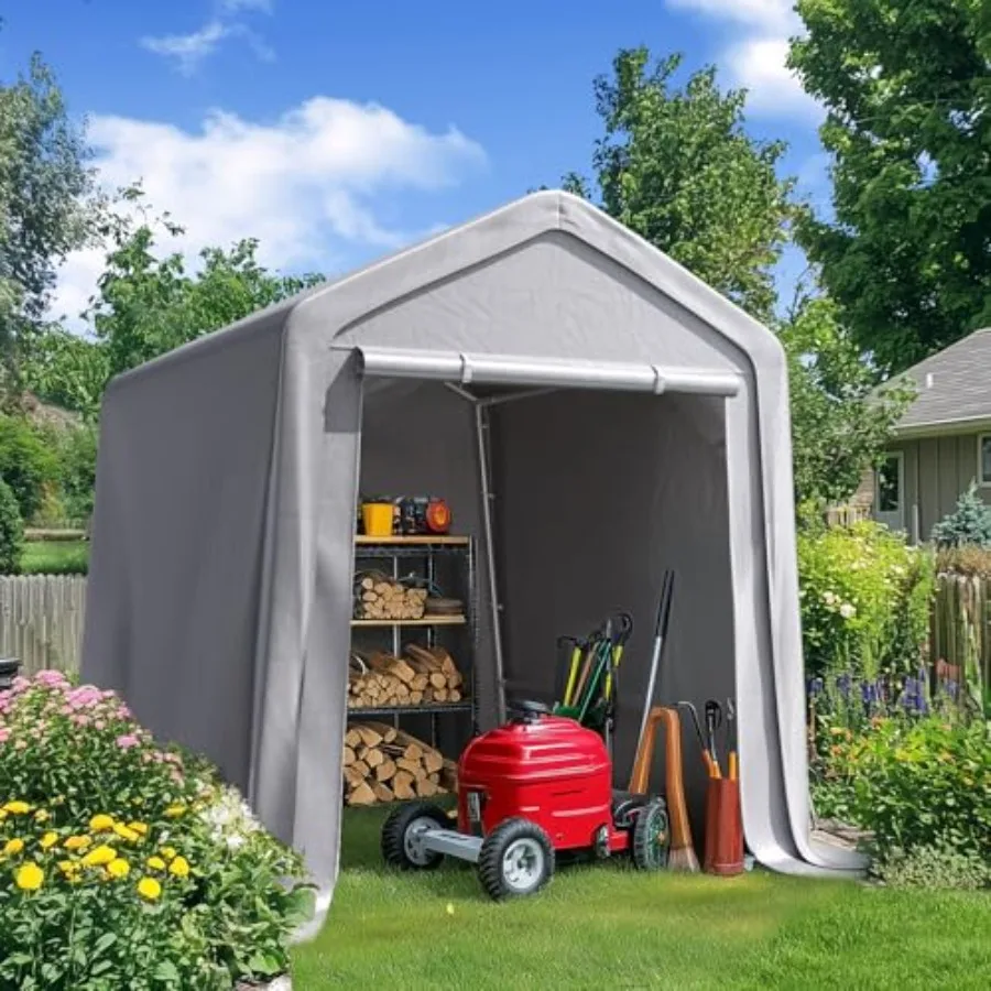 

Heavy Duty 6x8FT Carport Shelter with Roll-Up Mesh Windows Reinforced Frame Portable Garage Canopy for Motorcycle Storage Outdo