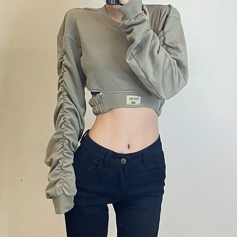 Long-Sleeved Chain Waistband Backless Pleated Short Niche Sweatshirt For Women Spring And Autumn Design Loose Trendy Brand Top