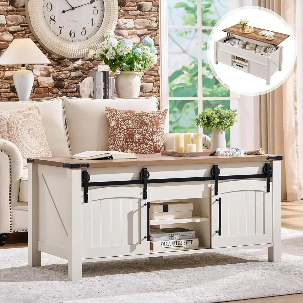 

Журнальный столик с подъемным верхом в фермерском доме и раздвижной дверью, большой центральный стол в деревенском стиле 48 дюймов со скрытым отделением для хранения, подъемный стол