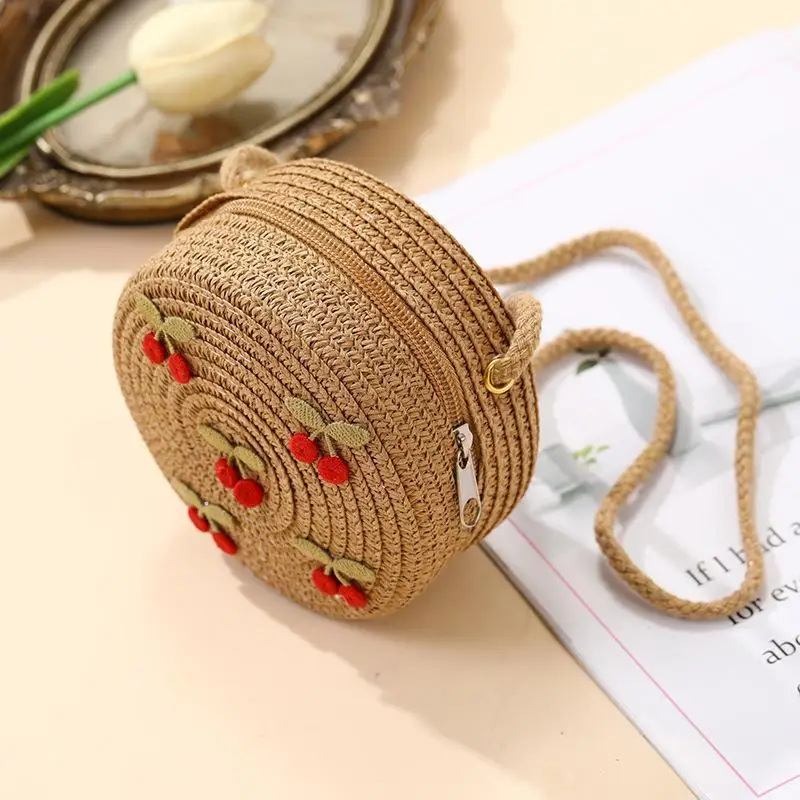 Faltbare gewebte Strohtasche für Kinder, Sommer-Schultertaschen für Mädchen, rote Kirschen, Kinderhandtaschen, Strand- und Reisetaschen, kleine Geldbörsen – Detail 7