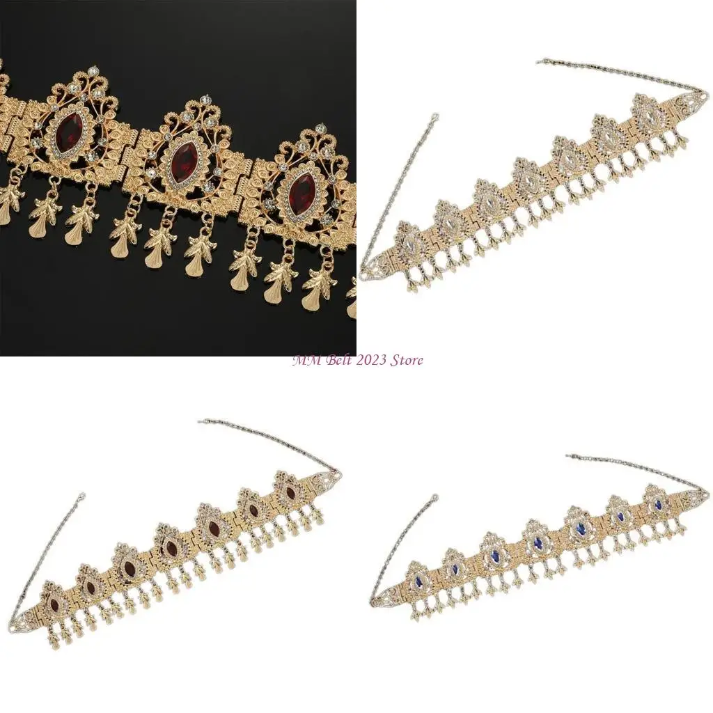 

49ME Middle Eastern Forehead Headband Crystal Head Chain Hollowout Bride Headpiece