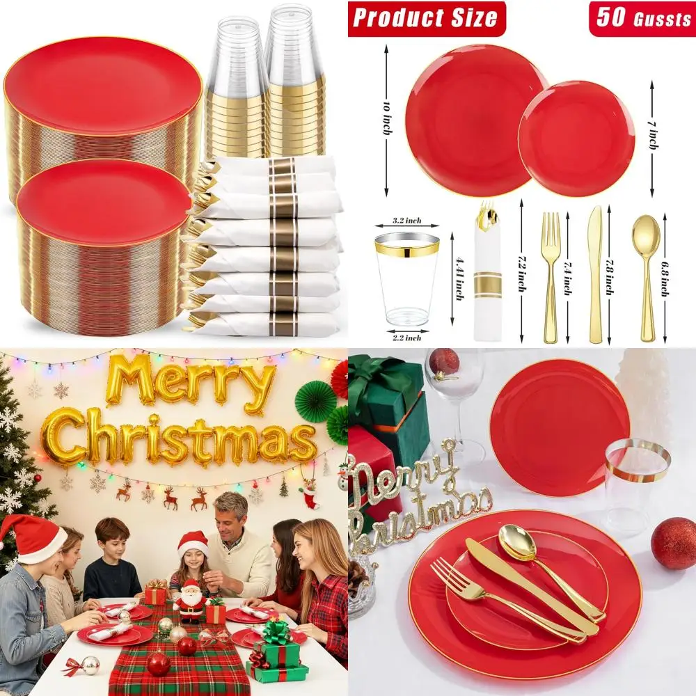 

Red Heavy Duty Disposable Plates 350PCS - 50 Dinner Plates, 50 Dessert Plates for Christmas Dinnerware Party Supplies