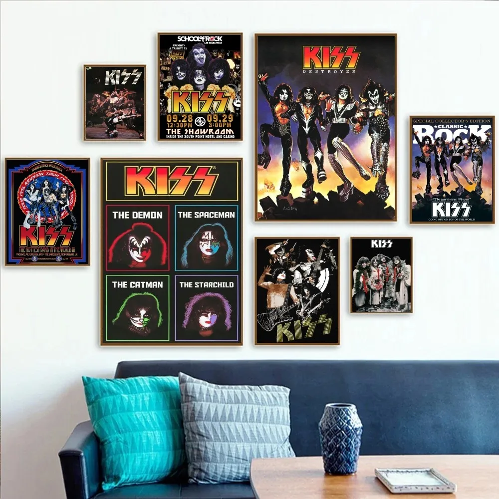 Kiss Music Band póster de impresión Retro, papel adhesivo HD impermeable para dormitorio, entrada del hogar, sala de estar, Bar, decoración de pared, 1 unidad