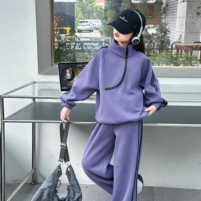 Top & Pants 2-Piece Set Fleece-lined Sweatshirt Girls Winter Clothing Girls' Autumn Clothes Korean Children's 2025 Wear Girl Two