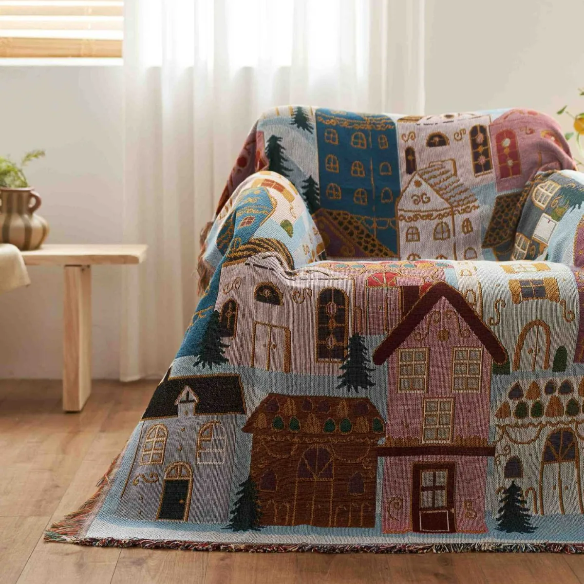 Whimsical Winter Village Jacquard Throw Blanket Cute Fairy Tale Town House Woven Tapestry Bohemian Christmas Cottage Fringe