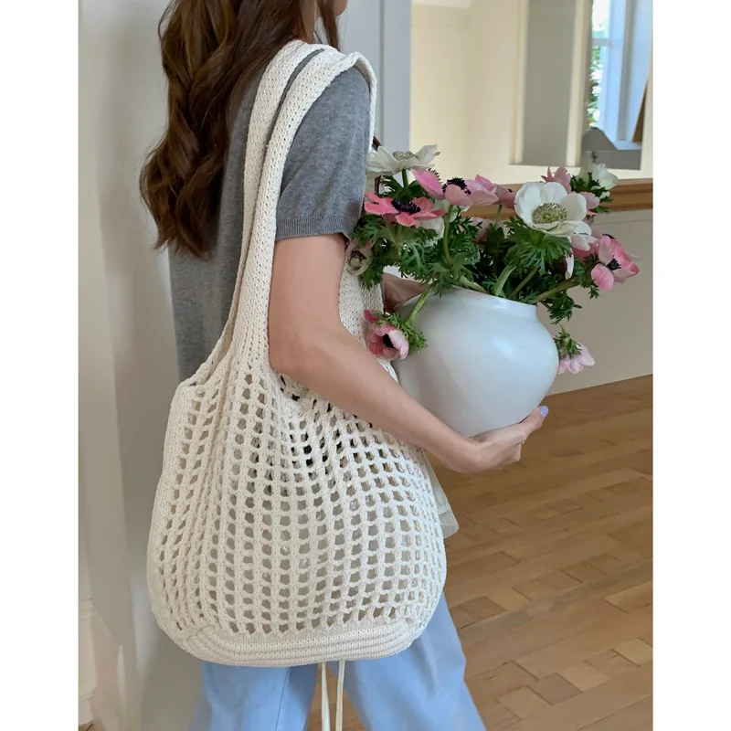 

Knitted Hollow Beach Vacation Woven Bag, Large Capacity Tote Bag, Bohemian Style Shoulder Bag