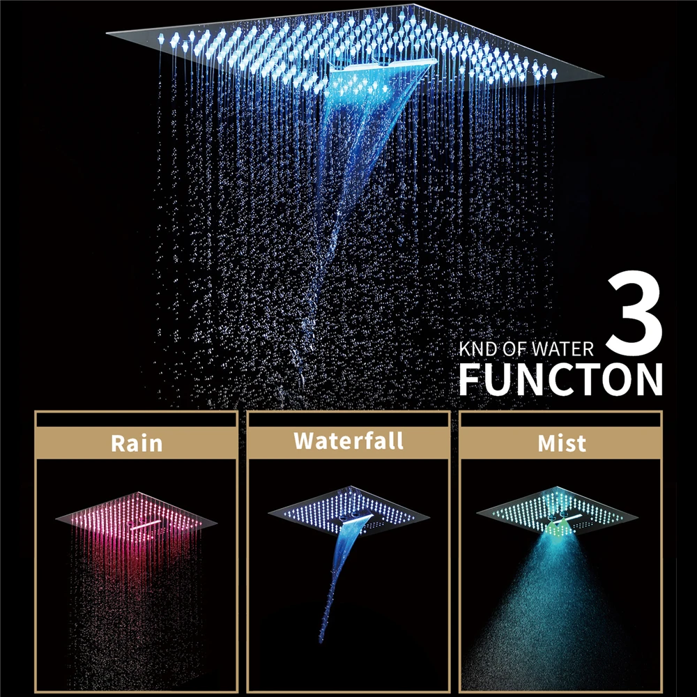Ceiling Embedded 16-Inch Music LED Rain Waterfall Mist Shower Head Polished Brass Contemporary Thermostatic Shower Faucet Set