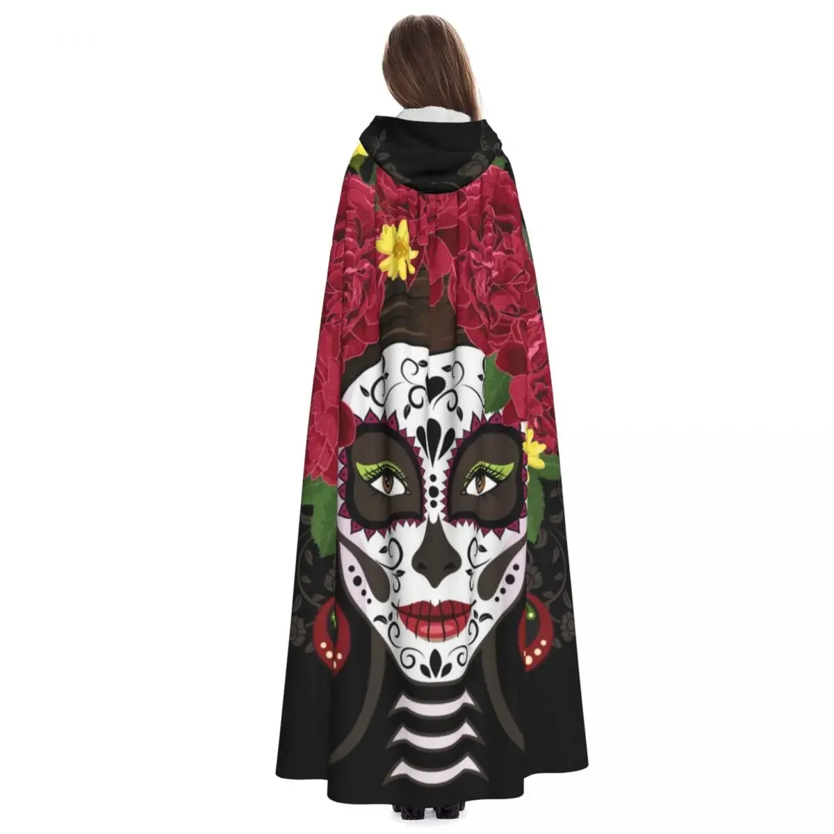 Long Cape Cloak Muerte With Peonies Calavera Catrina Day Of The Dead Hooded Cloak Coat Autumn Hoodies