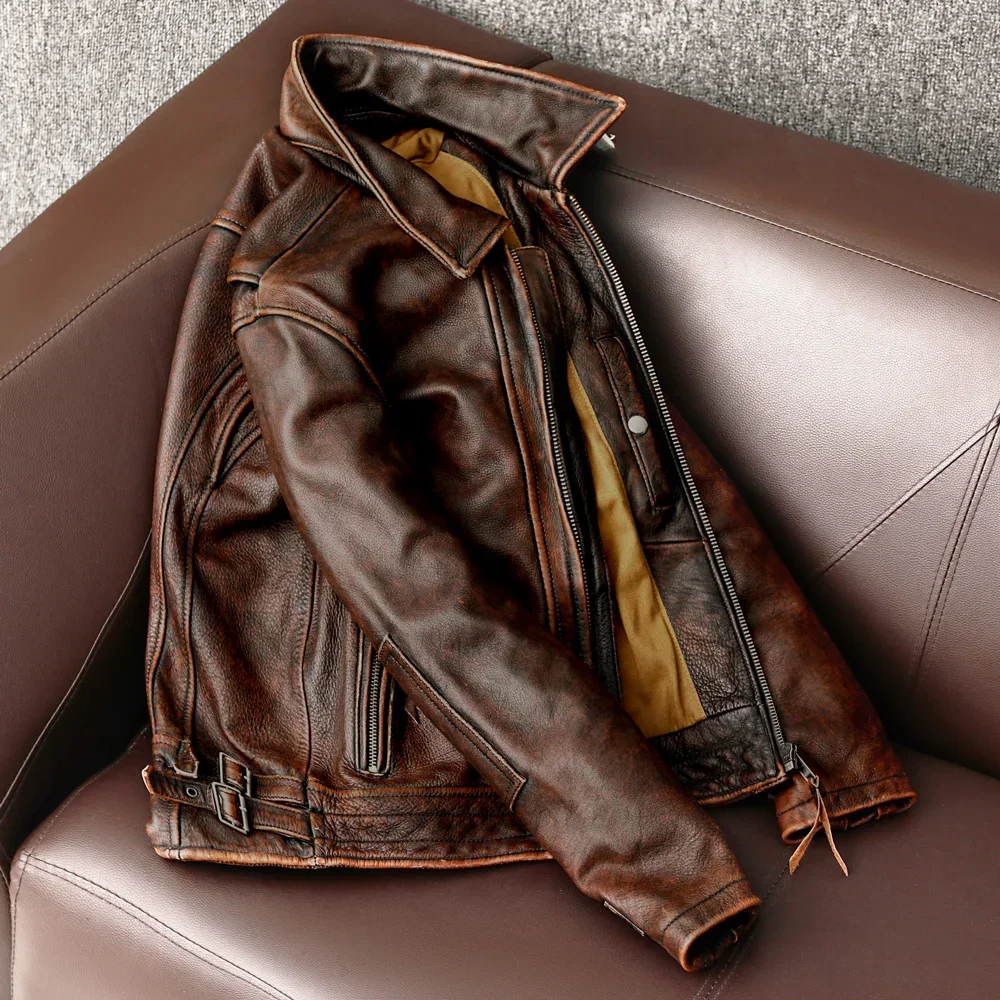 Swallow Tailed Men Leather Jacket Vintage Motorcycle Jackets 100% Cowhide Leather Coat Male Biker Clothing Asian Size S-6XL M697
