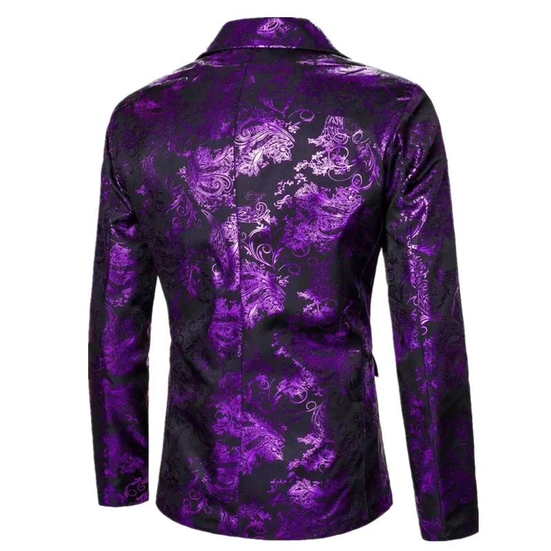 Fashion Men Gold Velvet Hot Stamping Suit Thin Single Button Jacket Male Wedding Dance Party Bar DJ Luxurious Floral Blazer