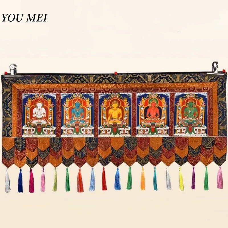 Five Buddha Statues Patterned Tibetan Curtain Flags,Colorful Embroidery Prayer Flag,1m Buddhist Item Hall Floral Hanging Curtain