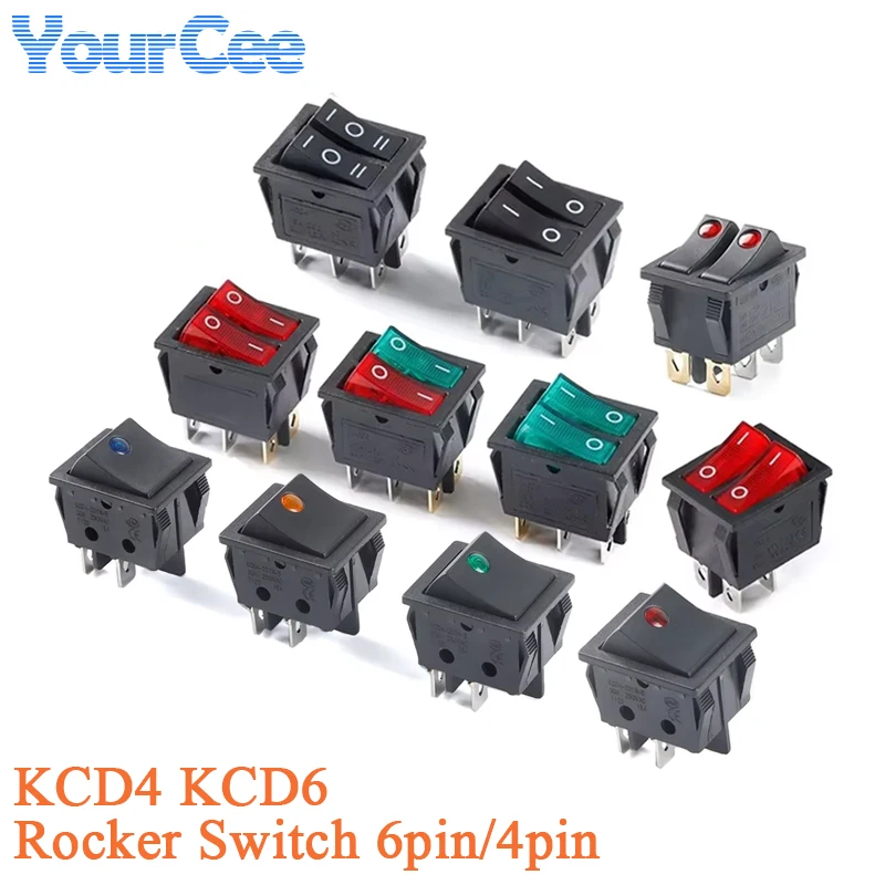 KCD4 KCD6 Rocker Switch 30A 250VAC 4Pin Mini with Dot Light 220V 2 Position ON-OFF LED Rocker Switch Button 16A 250AC 6Pin