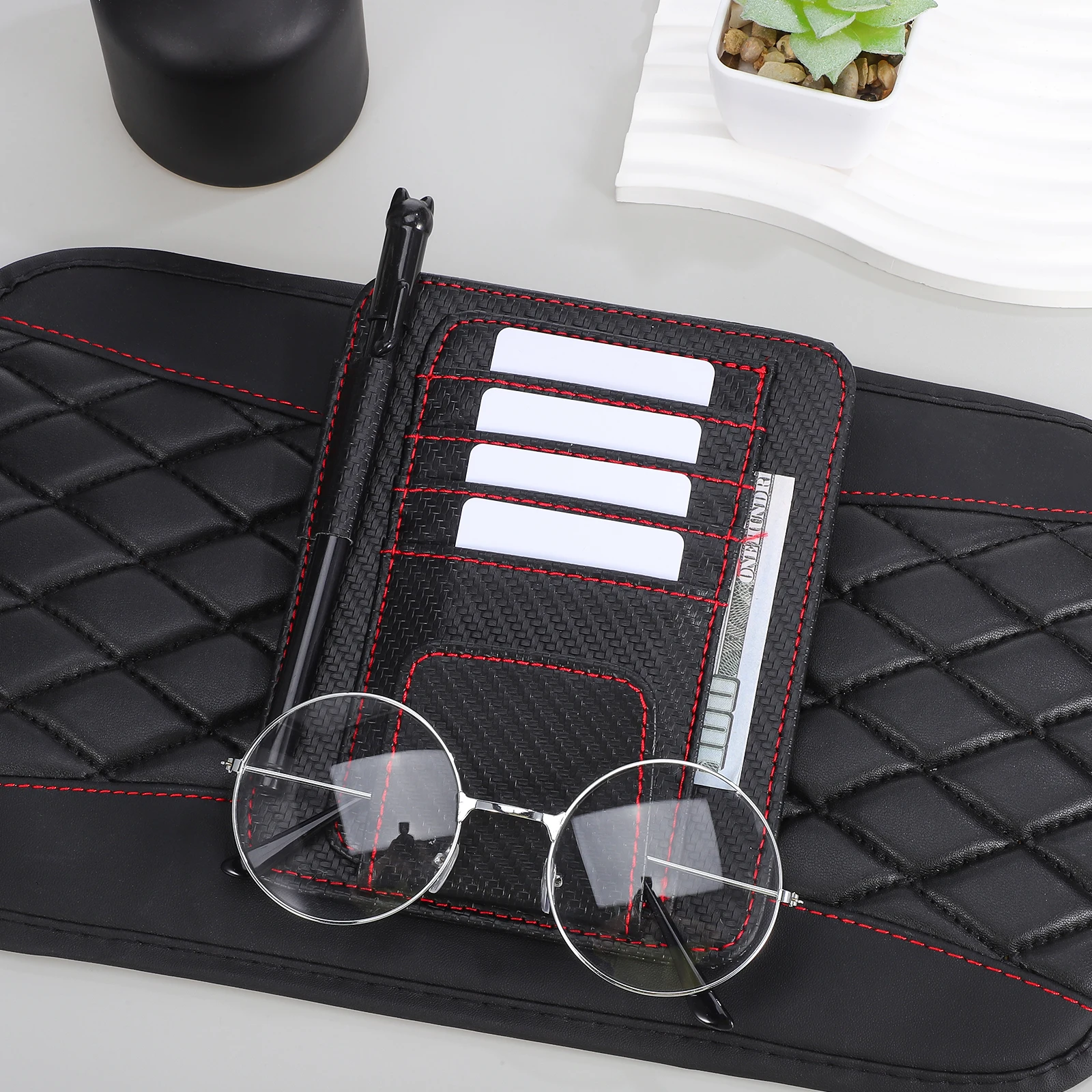 

Multifunctional Sun Visor Organizer For Car Large Capacity Insurance Card Holder Magnetic Attachment Sturdy Pu Material Car