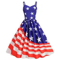 Independence Day Female Summer Sexy Suspender American Flag Print Vintage Large Swing Dress Size Slim Formal Dresses for Women