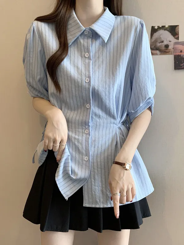 

plus Size Ne Striped ort Sve irt Women Summer Design Waist Cinched High Waist Princ Fit Sweet Sle Top