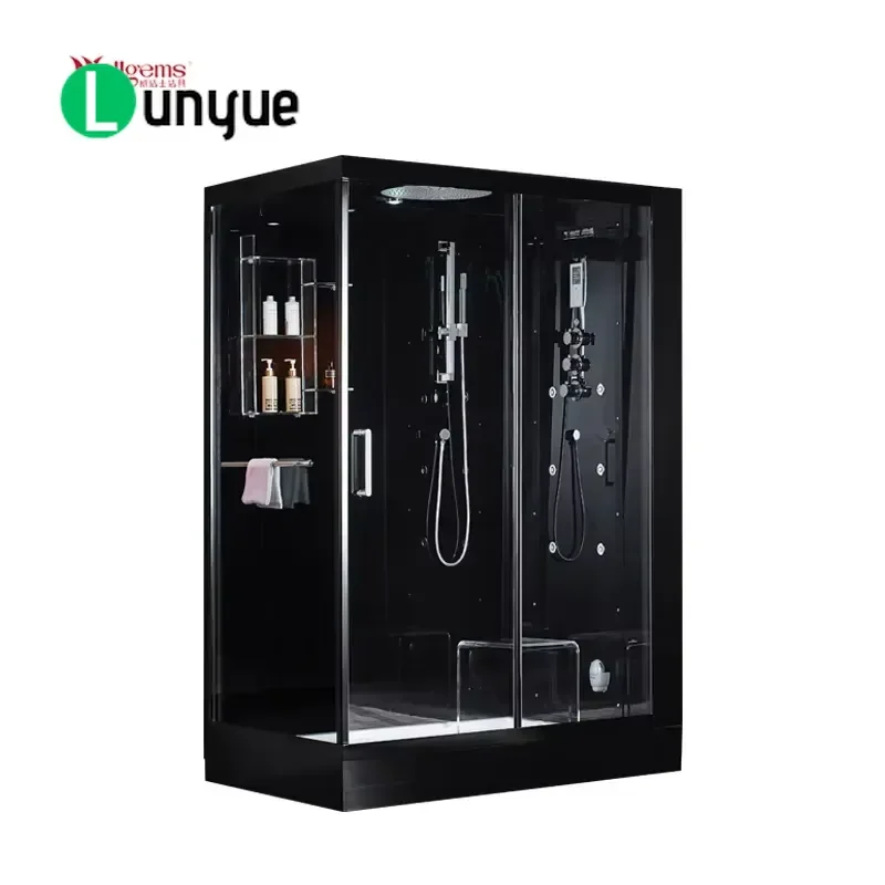 Black Modern 2 Person Steam Sauna Room with Shower Cabin Combination Wet Steam Bathroom for Family Hotel Use