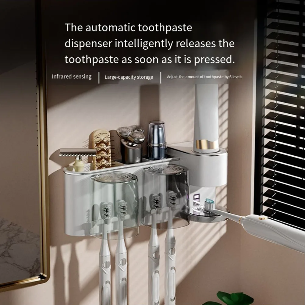 Smart Automatic Toothpaste Dispenser with Toothbrush Holder Waterproof Design Wall Mount Six Adjustable Dispensing Levels