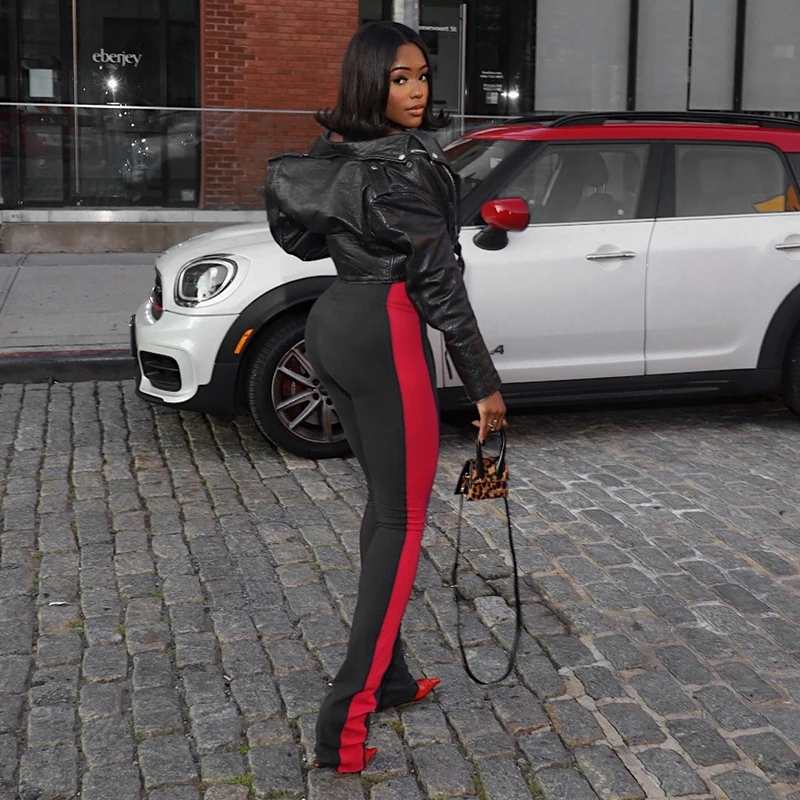 Women Fall/Winter Athletic High-Waisted Color-Block Straight-Leg Stretch Slim Long Casual Pants Chic Streetwear Trends