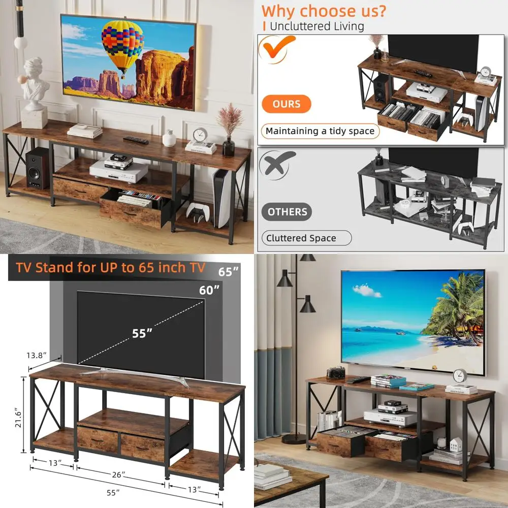 Fabric Drawer TV Stand: Modern Entertainment Center with Open Shelves for Living Room