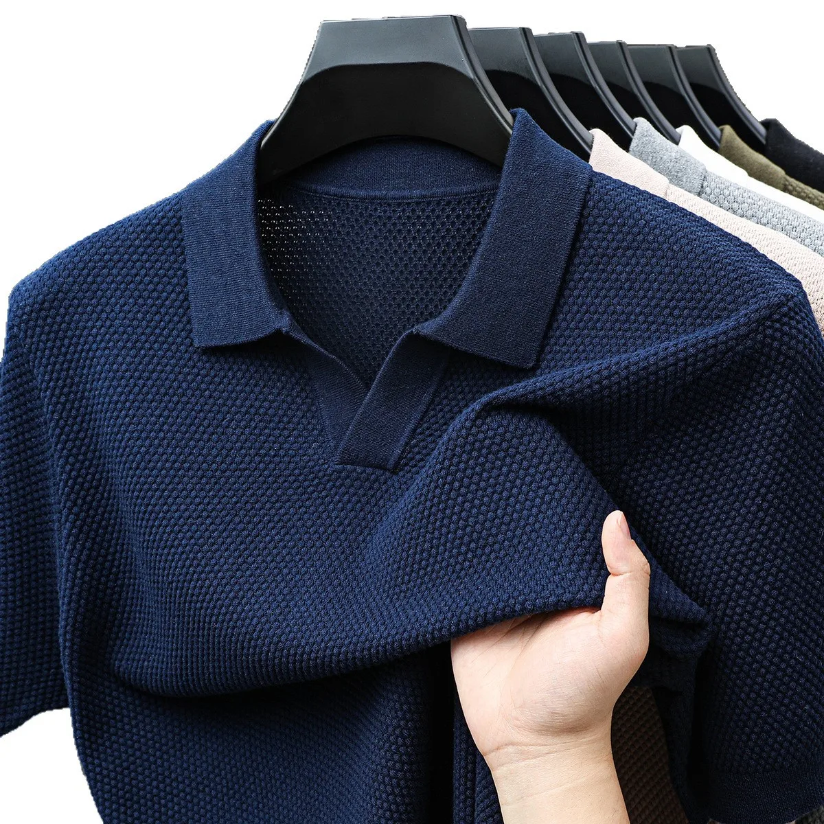 Textured Pineapple Needle Seagull Collar Summer Breathable T-shirt Casual Knitted 2026 Lapel Half Short Sleeves