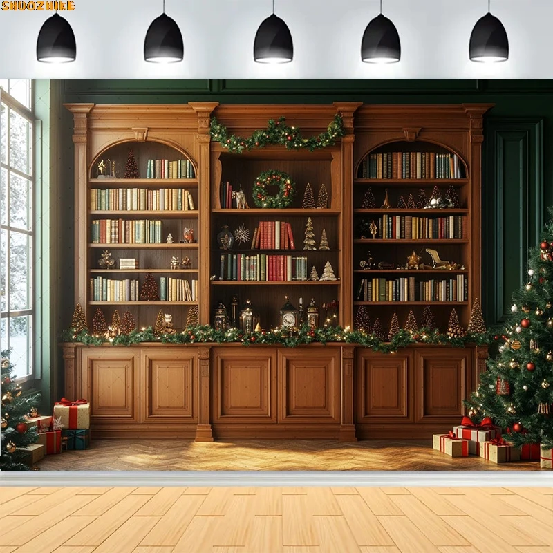 

Christmas Day Wreath Family New Year Party Photography Backdrops Prop Window Living Room Xmas Tree Gift Snow Background WD-02