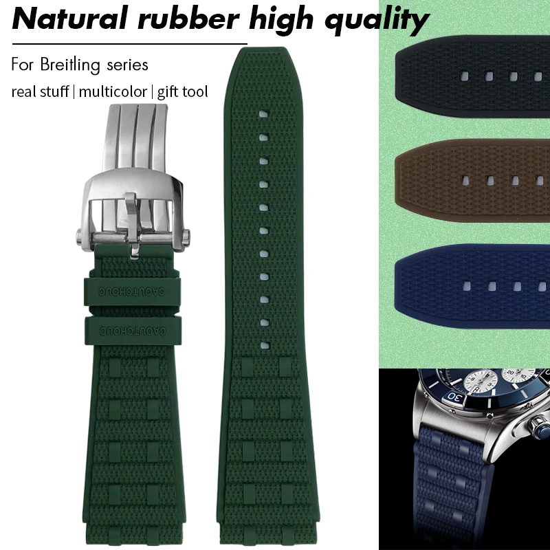 High Quality 22mm 24mm Natural Rubber Silicone Watch Strap for Breitling CHRONOMAT B01 Black Blue Green Watchband Foldover Clasp