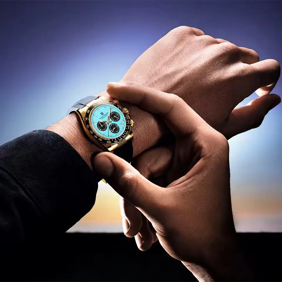 New V2 PAGANI DESIGN 40MM Sky blue dial Quartz Watches Sapphire Retro Chronograph Stainless Steel Waterproof Watch for Men Relogio Masculin