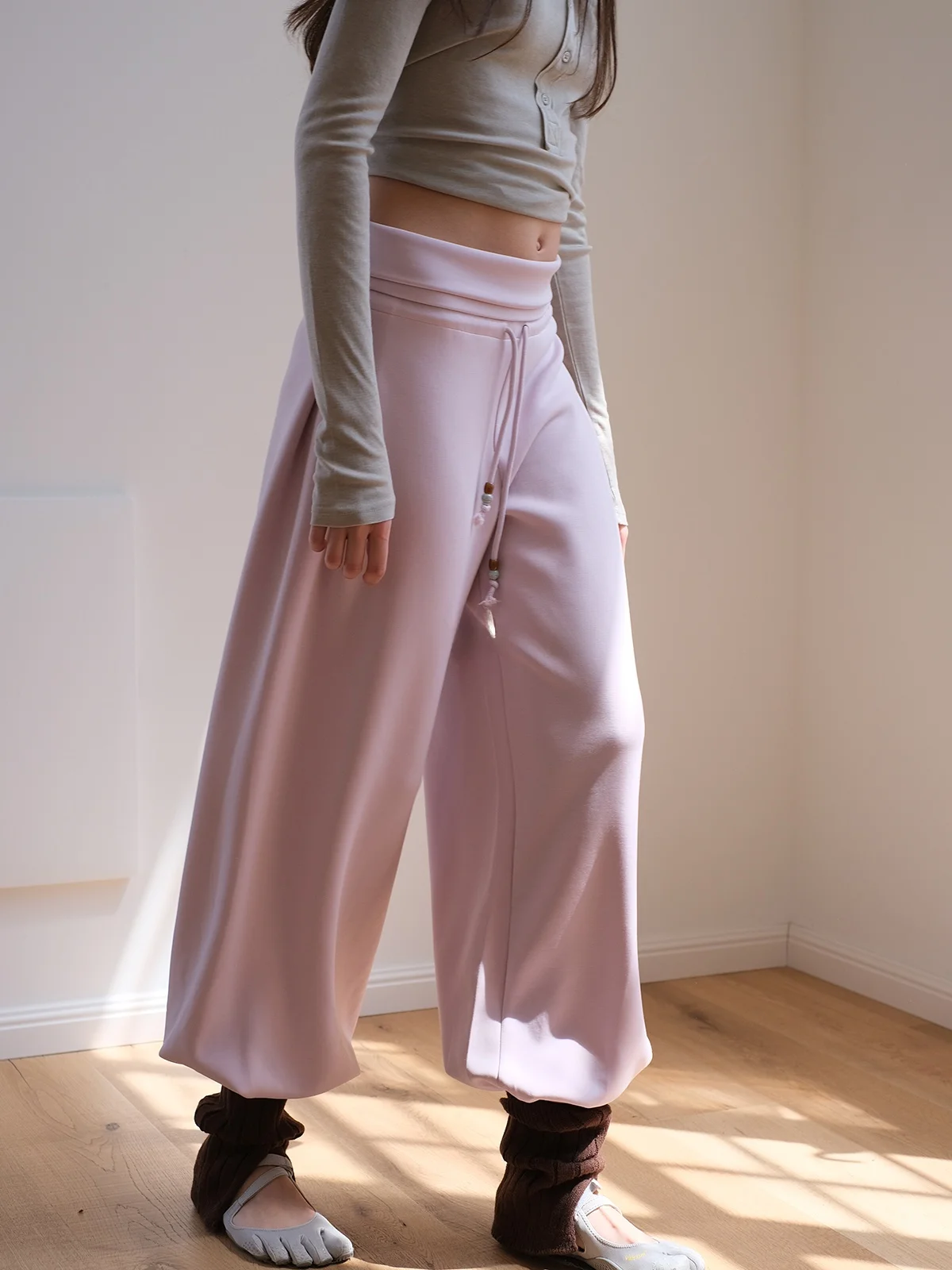 

Loose Casual Pants Women's Pink Drawstring Trousers Simple High Waist Wide Leg Pants Asymmetric Design Commute Style Long Pants