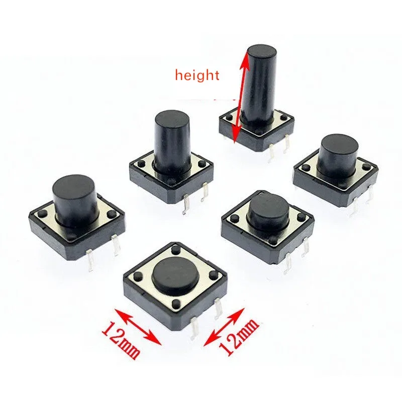 1000pcs 12*12 Tactile Switch 4-pin Straight Plug-in Vertical Copper Pin Black Head Square 4.3/5/6/7/8