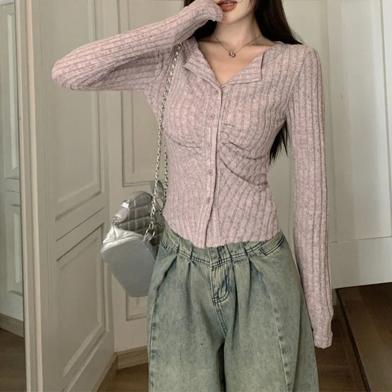 Women Clothing Turn-down Collar Knitted Top Spring Autumn Exquisite Long Sleeve Knitwear Office Lady Chic Comfortable Pullover