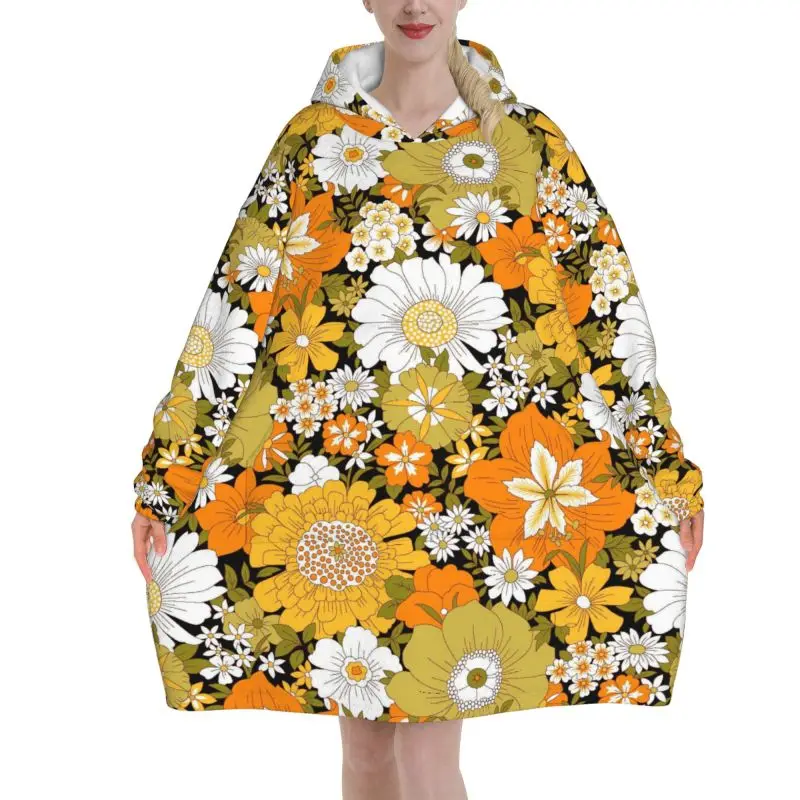 Hippie Flower Floral Retro Blanket Hoodie for Women Girls Oversized Wearable Pullover Sweatshirt Fleece Sherpa Hooded Blankets