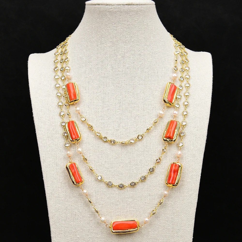 

GG 20'' 3 Strands Natural White Pearl Orange Coral Branch Rhinestone Crystal CZ Paved Chain Necklace