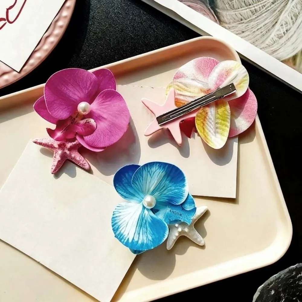 

5 PCS Sweet Butterfly Orchid Hairpin Korean Style Ocean Series Starfish Flower Hair Clip Pearls Film Moth Orchid Side Clip Party