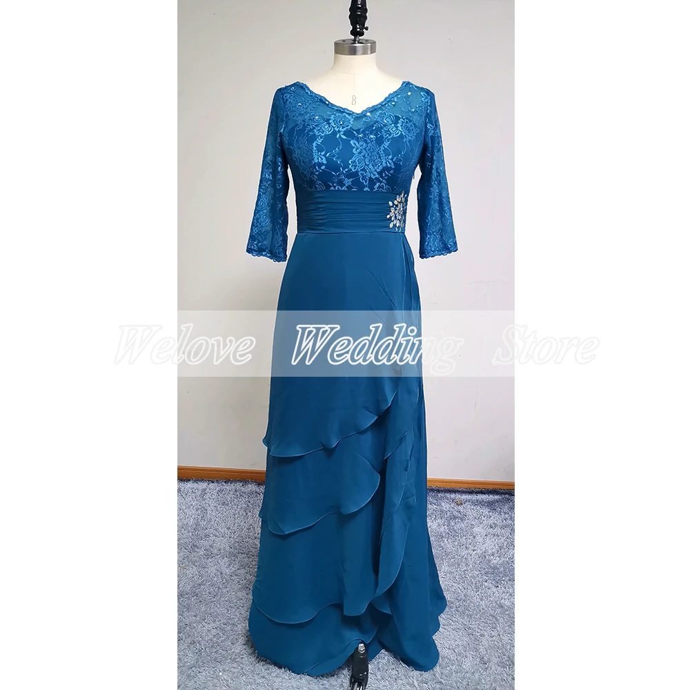 Vintage Half Sleeve Chiffon Lange Moeder Van De Bruid Jurken Voor Bruiloften 2022 Echte Vloer Lengte Een Lijn Gast Party gown Ruches