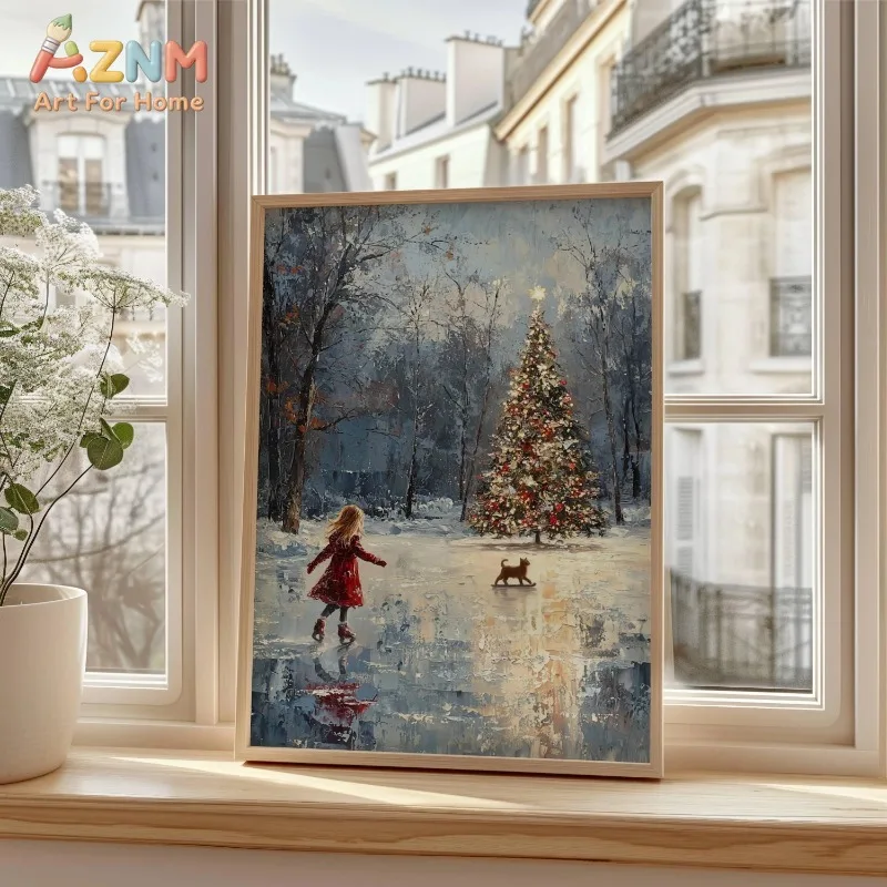 Vintage Print Girl Skating with Cat Christmas Tree Winter Snow Scene Unframed Canvas Wall Art for Bedroom Living Room Home Decor
