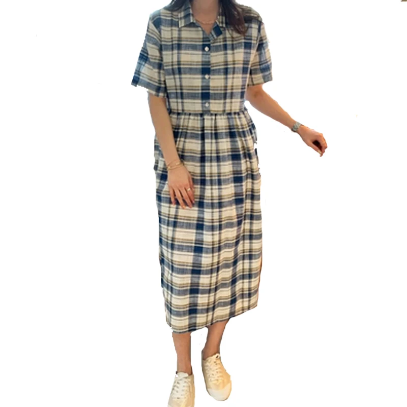 2023 Summer Women Dress Oversize Plaid Vestidos Loose Short Sleeve Female Dress Button Design Ladies Robe Clothing KE71